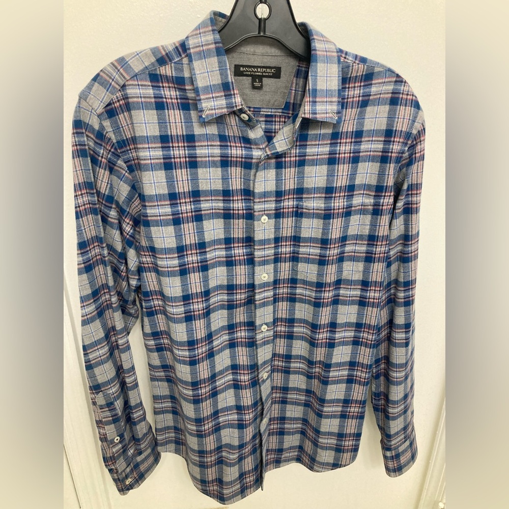 Banana Republic Men's Casual Blue and White Plaid Shirt